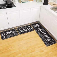3 Pcs Kitchen Rug Set Non Skid Thick Black Kitchen Rugs and Mats Stain Resistant