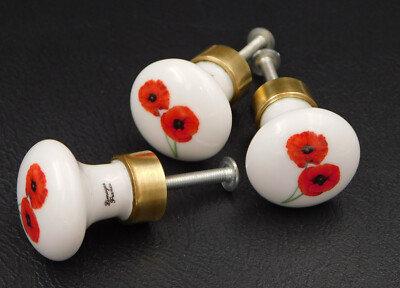 Boutons De Tiroir En Verre Motif Coquelicot - Lot De 3 Avec Vis - Pour Meubles De Cuisine, Armoire, Bureau