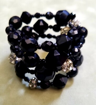 Vtg 1970s Faceted Jet Glass/Rhinestone Bead Stretch Coil Wrap Bracelet Bloomies 