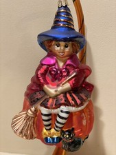 Christopher Radko Halloween Ornament Sit A Spell Witch Pumpkin Glass Rare Large