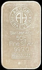SWITZERLAND ARGOR HERAEUS 50 GRAMS SILVER 9999 FINE BAR VINTAGE 30 YEARS SERVICE