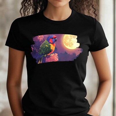Frauen T-Shirt Regenbogenlori und Vollmond Motiv Baumwolle Größe S bis 3XL