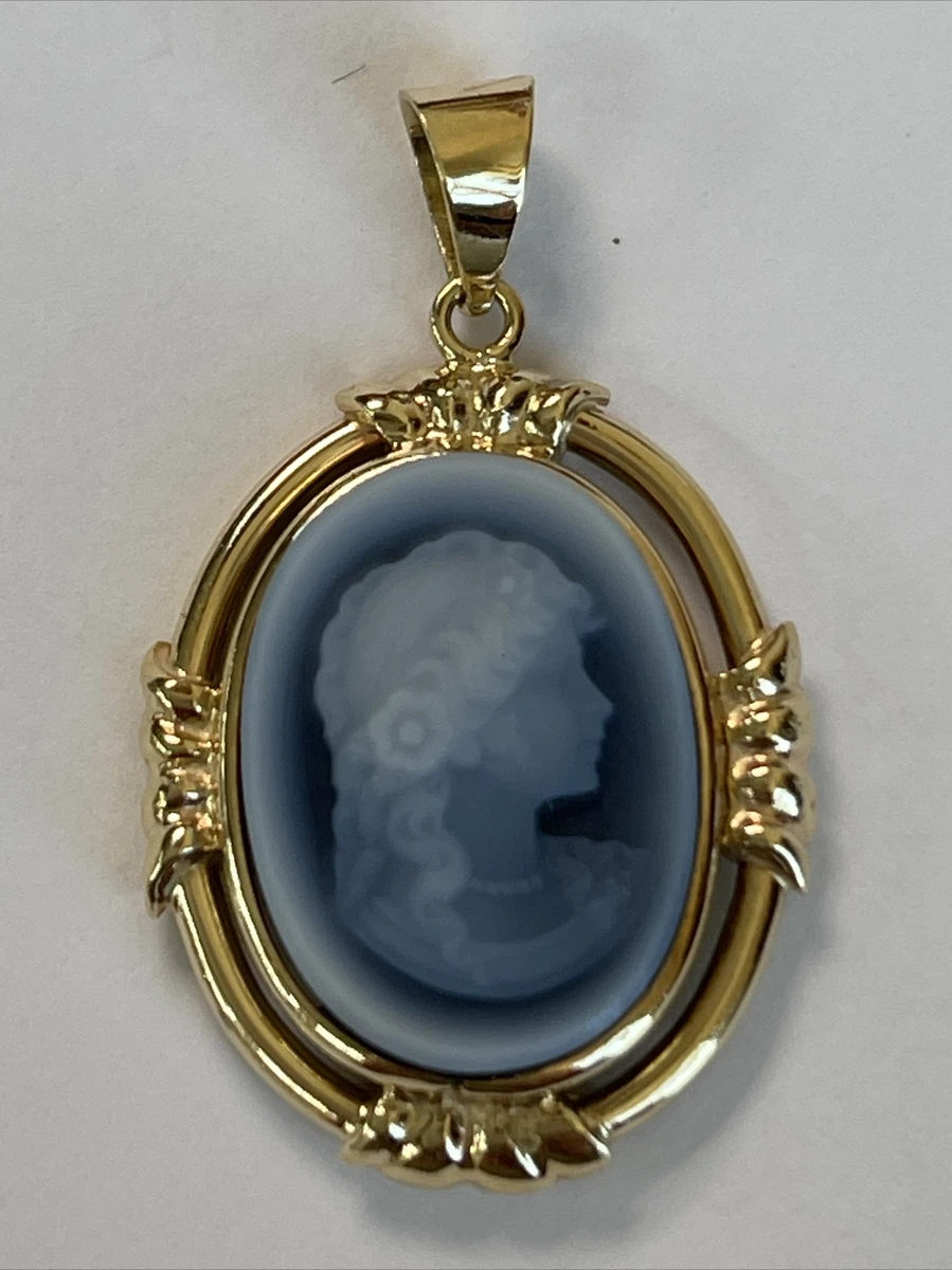 Antique Vintage 14K Yellow Gold Blue Cameo Goddess Necklace