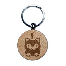 Round Cat Shocked Engraved Wood Round Keychain Tag Charm