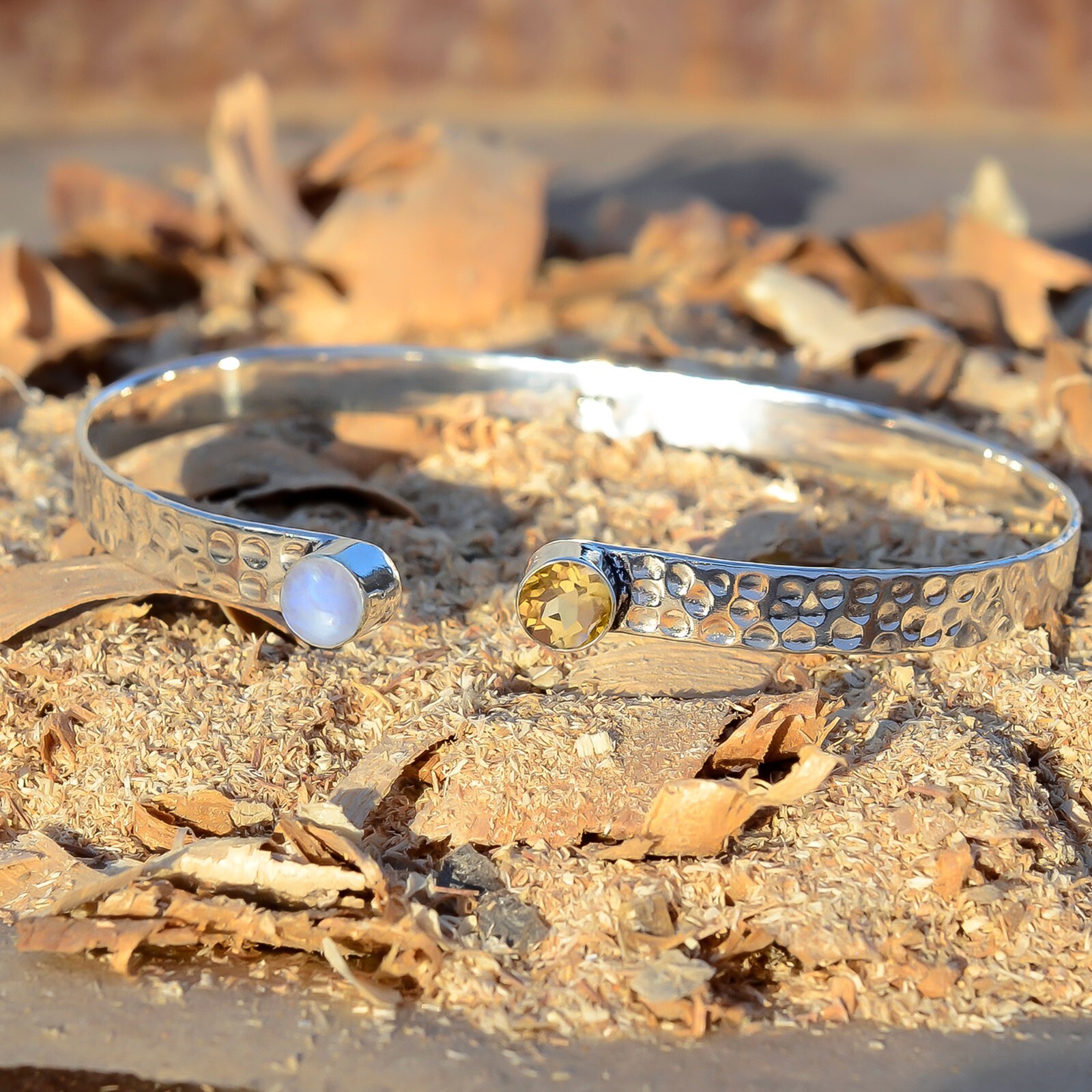 Bangle Handmade 925 Sterling Silver Citrine,Moonstone Gemstone Round Shape Cuff-image