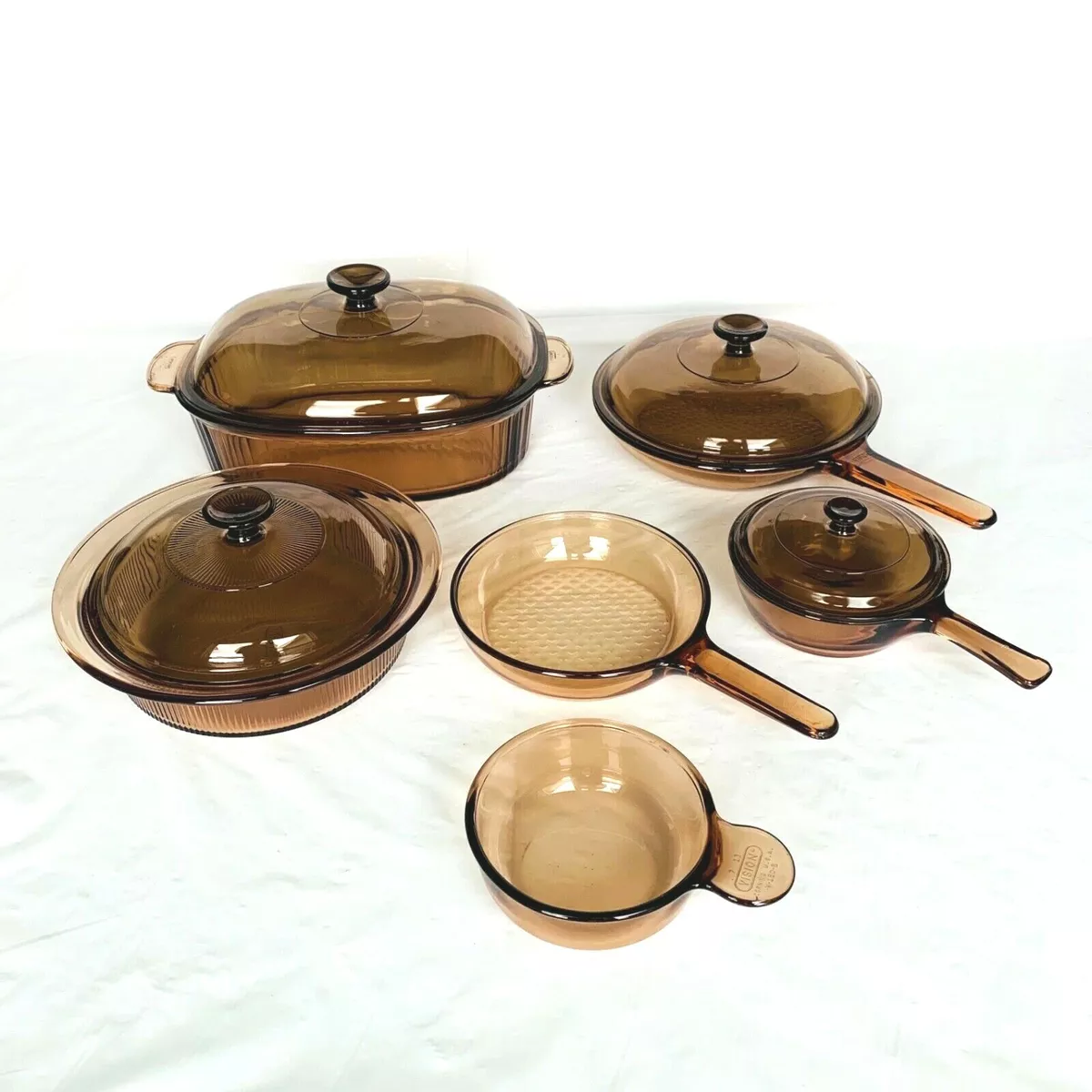 Vintage Vision Corning Ware 10-Piece Amber Glass Cookware Pots