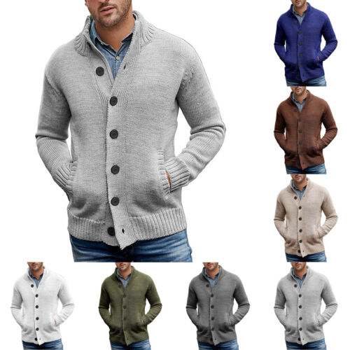 Mens Long Sleeve Stand Collar Cardigan Sweaters Button Down Knitted Sweater Coat