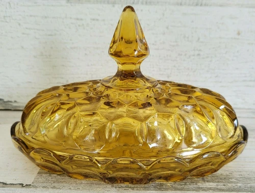 Anchor Hocking Fairfield Amber Glass 7" Quarter Pound Oval Butter Dish with Lid