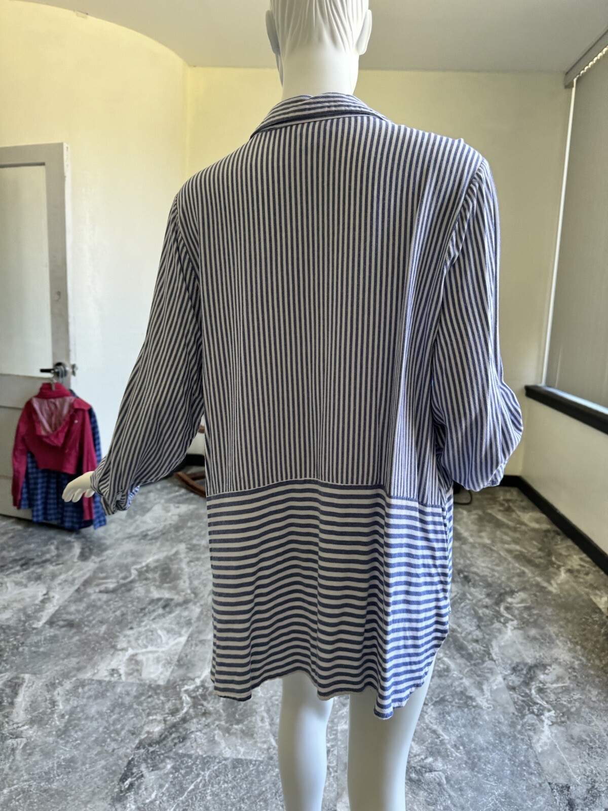 CJ Banks-1X-blue And White Striped V-neck Button Down Shirt