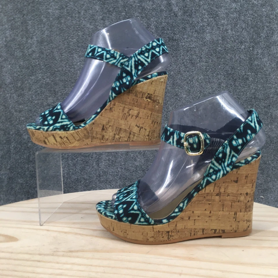 Sandalias Christian Siriano para mujer 6 tacones de corcho plataforma de cuña hebilla de tela azul Foto 2 de 4