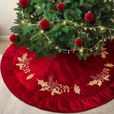 Vertintong 48 inches Velvet Christmas Tree Skirt Red Wine Gold Fur Plush Tree Sk