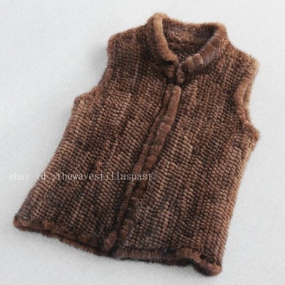 100% Real Mink Fur Knitted Vest Coats Stand Collar Waistcoat Handmade