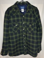 Vintage Wrangler Pearl Snap Quilted Flannel Shirt Jacket Mens M Green Navy Plaid