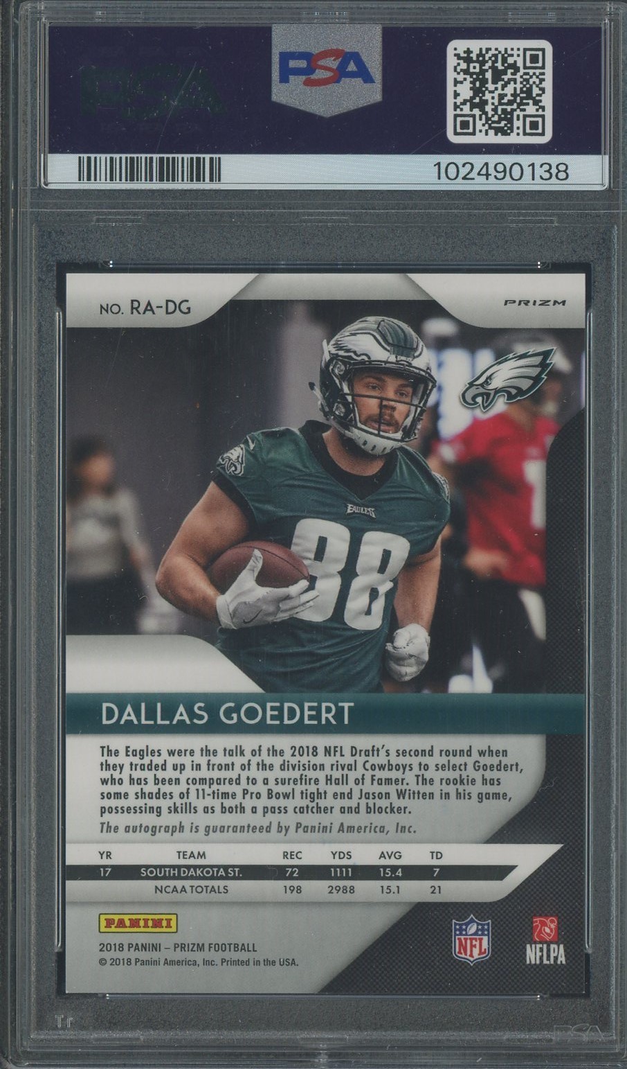 2018 Panini Silver Prizm Dallas Goedert Eagles RC Rookie AUTO PSA 10 GEM MINT view 2