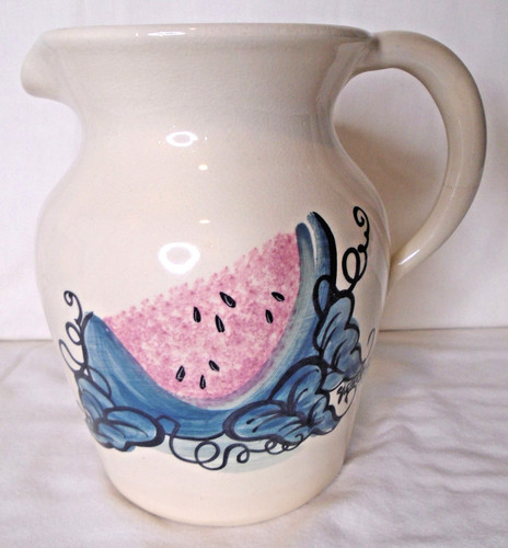 Marshall Tx Pottery Stoneware Pitcher, Handpainted  Watermelon, 2 Qt, Signed