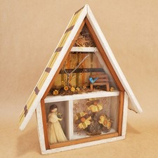 Vintage Corn Husk Doll A-Frame Shadow Box Diorama Cottagecore Folk Art Bird Nest