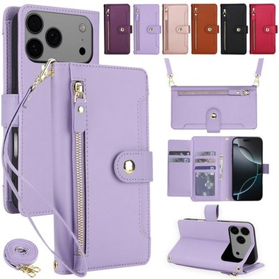For iPhone 17e 16e 15 14 13 12 11 Pro Max Zipper Wallet Case Flip Leather Cover