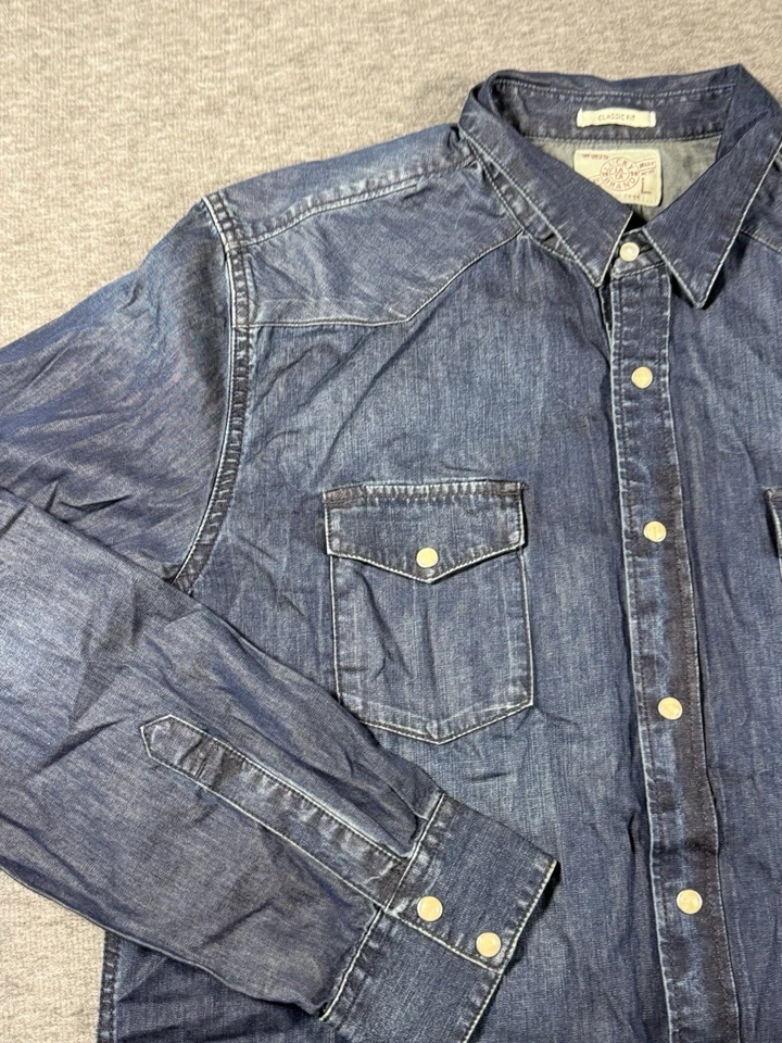 Camisa Lucky Brand Para Hombres L Azul Índigo Denim Perla A Presión Vaquero Occidental Lavado Oscuro Foto 4 de 4