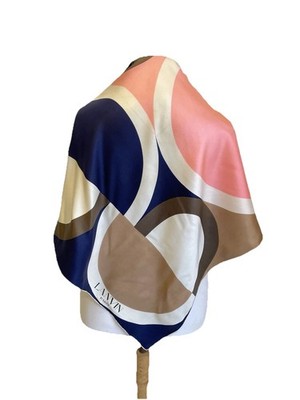 Y5# VTG Lanvin Paris Silk Scarf Navy Blue Pink Geometric Mod Square Shawl Wrap