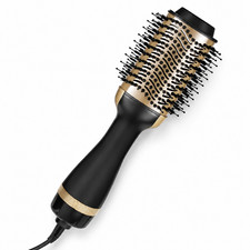 4-in-1 Hair Dryer Brush Volumizer Hot Air Styler Straightener Black Gold