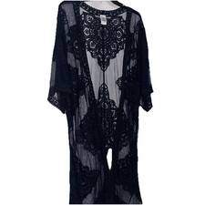 Navy Women  s Sheer Lace Duster/Kimono With Short Sleeves