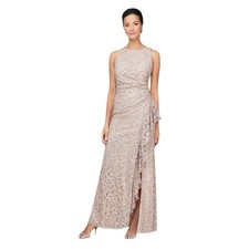 Alex Evenings Size 12 Buff Lace Sequin Maxi Dress Ruched Ruffle Side Slit OS35-9