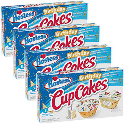 Hostess Birthday Cupcakes Bulk Value Pack | 13.1 Oz Box of 8 | Pack of 4 (32 Tot