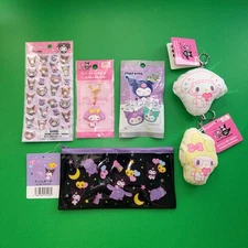 Kuromi My Melody Sanrio Daiso 6 Item Bundle Plush Keychains Pouch Stickers Blind