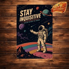 Curious Astronauts in Outer Space Metal Sign Retro Galaxy Wall Decor