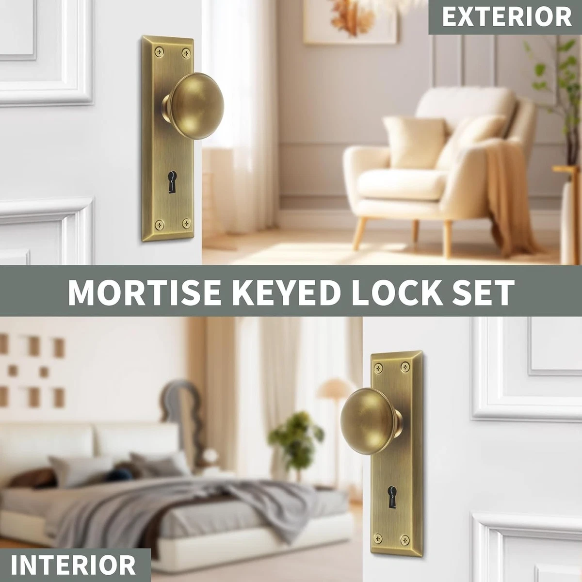 Mortise Lock Set for Interior Door, Vintage Antique Brass Door Knobs with Lock a