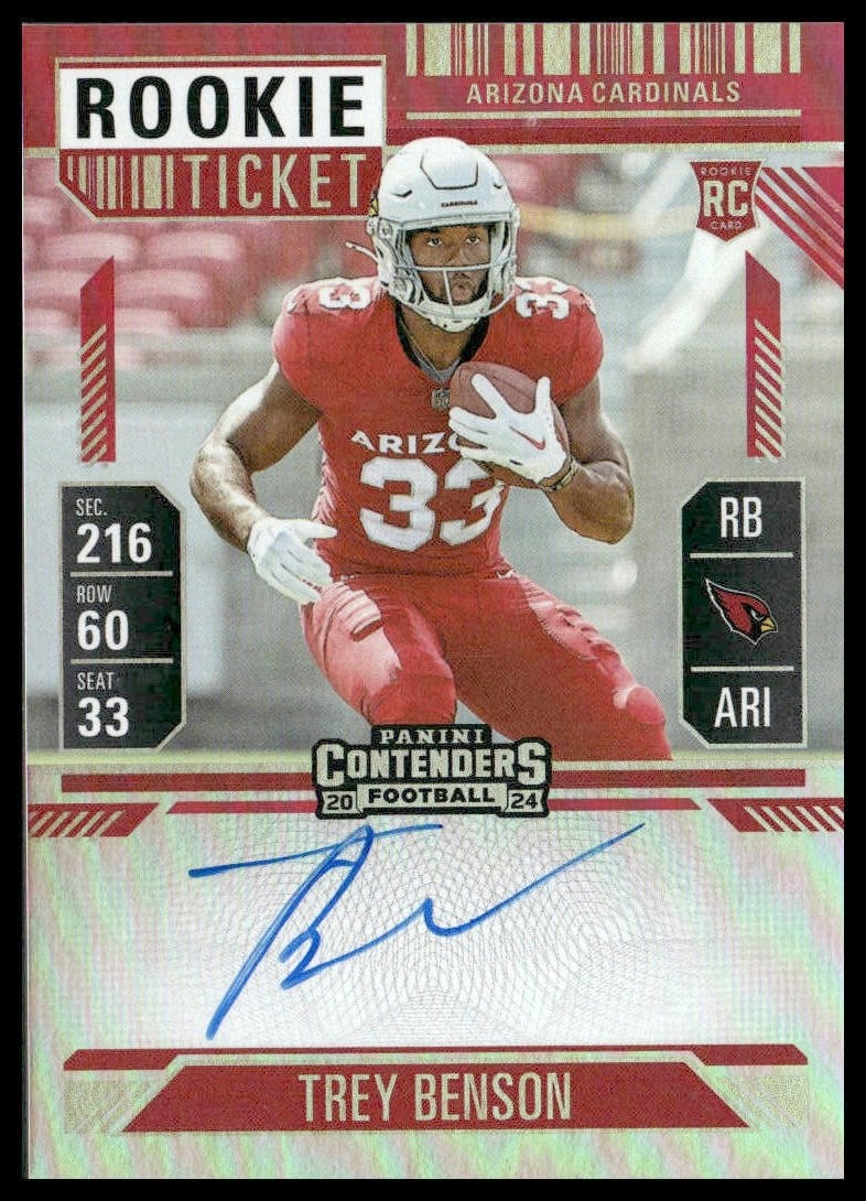 Trey Benson RC 2024 Contenders Rookie Ticket Auto Red Zone FOTL 112 Arizona