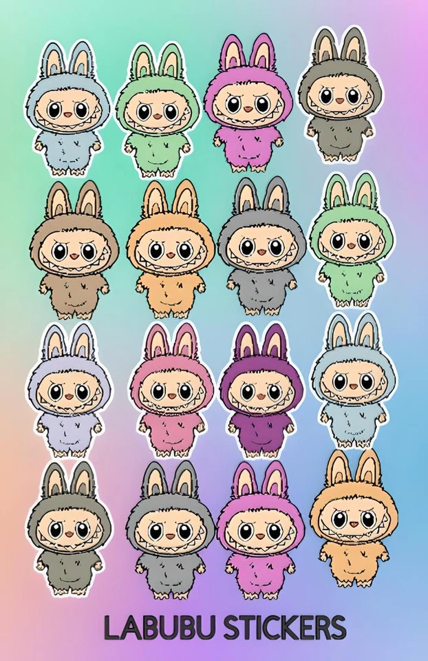 16 X PEGATINAS LABUBU PEGATINAS CONO DULCE ETIQUETAS BOLSA FIESTA CUMPLEAÑOS Foto 2 de 4