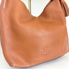 Tory Burch Thea Small Slouchy Hobo Caramel Pebbled Leather Tassel Bag Luxury