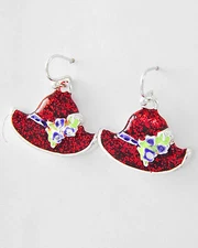 Silvertone Red Hat Society Lady Enameled Red Hat Dangle Earrings 