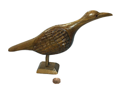 Wooden Bird Hand Carved Brown Shore Bird on Base 6.25''H & 10''L Jamaica Vintage