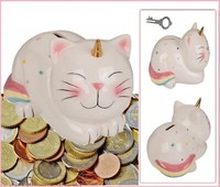 Katzen-Spardose-Unicorn-Cat-Keramik-Sparschwein-Weiß-Bunt-Ca.-17X12Cm