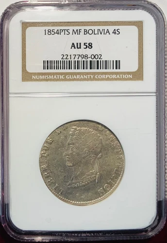 Bolivia 1854-PTS-MF SILVER 4 Soles NGC AU58 Simon Bolivar. KM# 123.2