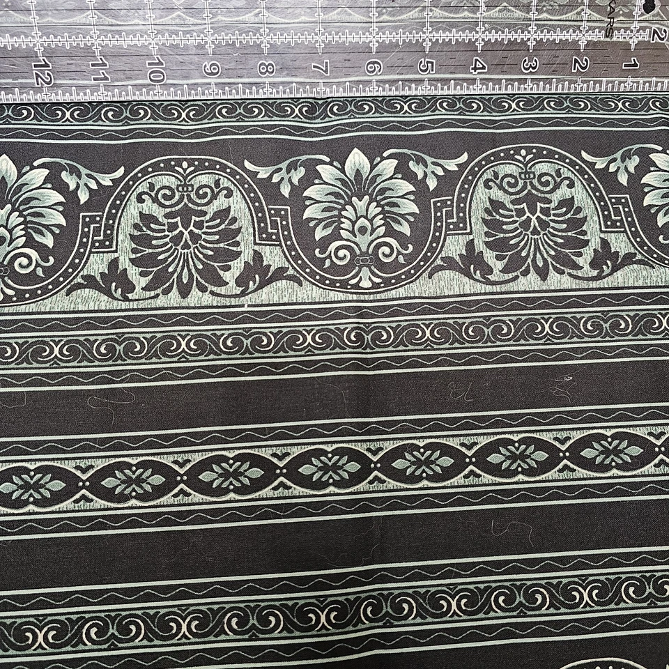 Jinny Beyer Sumatra RJR Fabric Green Black Scroll Floral Stripe 78" x 44" Cotton - Image 3 of 4