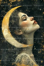 LADY AND THE MOON ART PRINT, Fantasy Portrait Witchy Poster Wall Decor C816