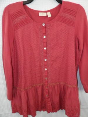 LOGO Lavish Rusty Red Embroidered Peplum Eyelet Hemline Button Up Size Small