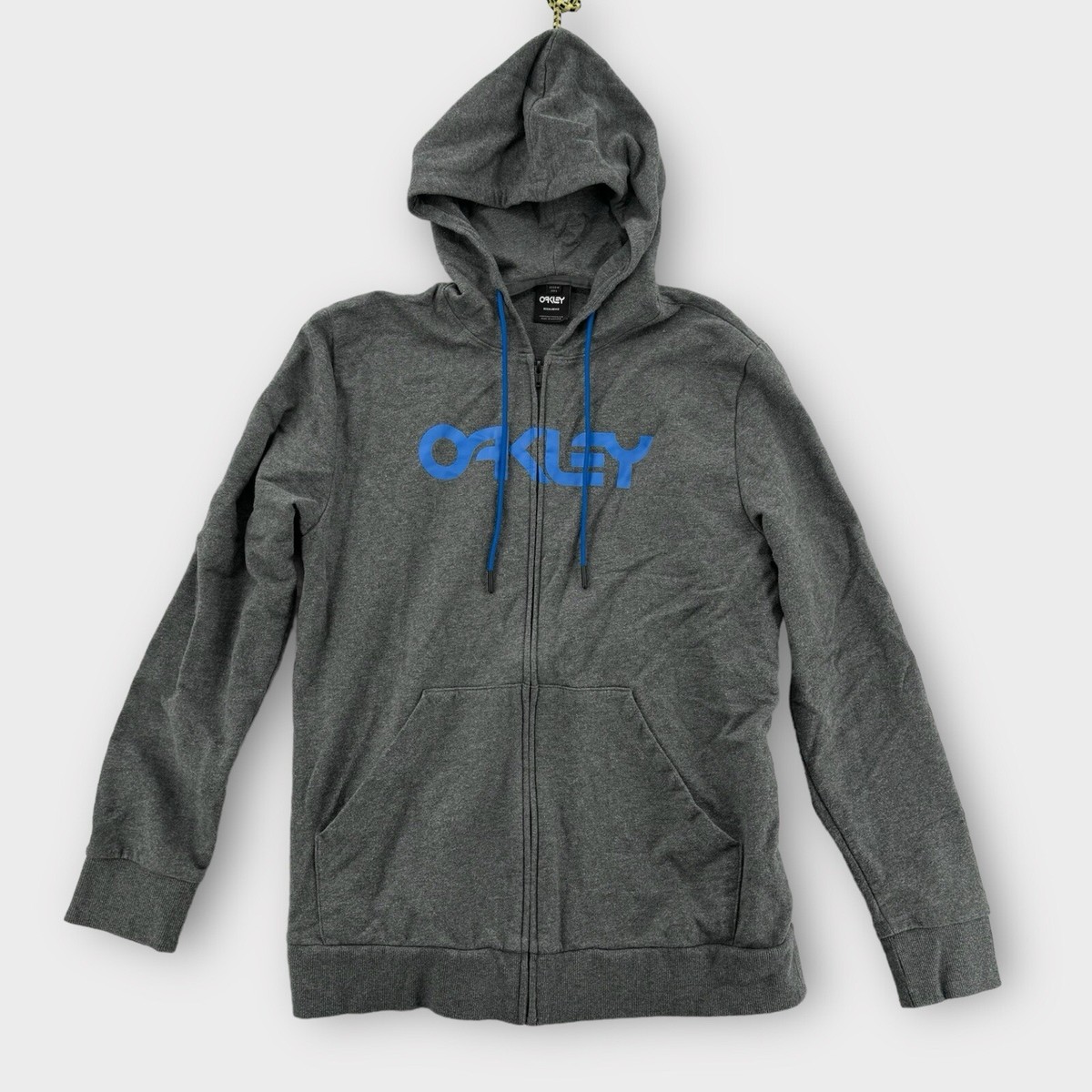 Oakley Jacket Mens Medium Hoodie Zip Up Gray Blue Spell Out Logo 
