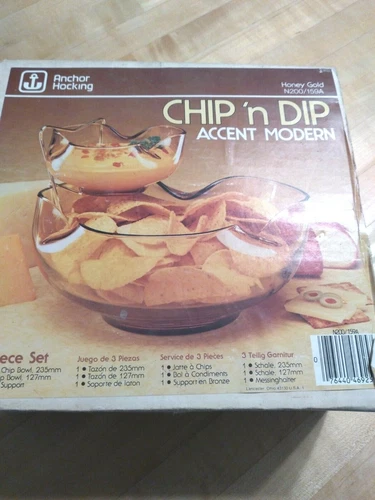 Vintage Anchor Hocking Chip & Dip Set Wavy Amber Gold Glass Mid Century Retro