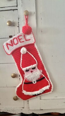 Vintage Granny Crochet Christmas Large Stocking Handmade Stuffed Red Santa
