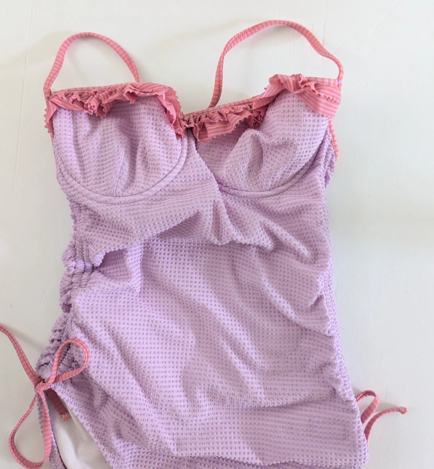 Traje de baño Moschino Mare Vintage Seersucker de una pieza con volantes púrpura rosa grande L Foto 2 de 4