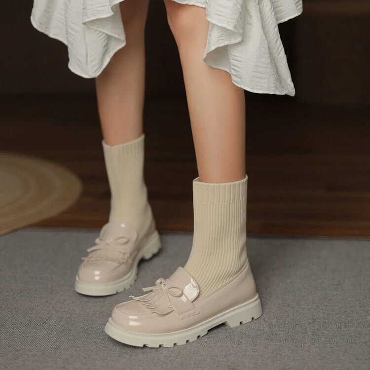 Women Ankle Boots Flat Low Heel Tassel Bowknots Stretch Sock Boots Preppy Shoes