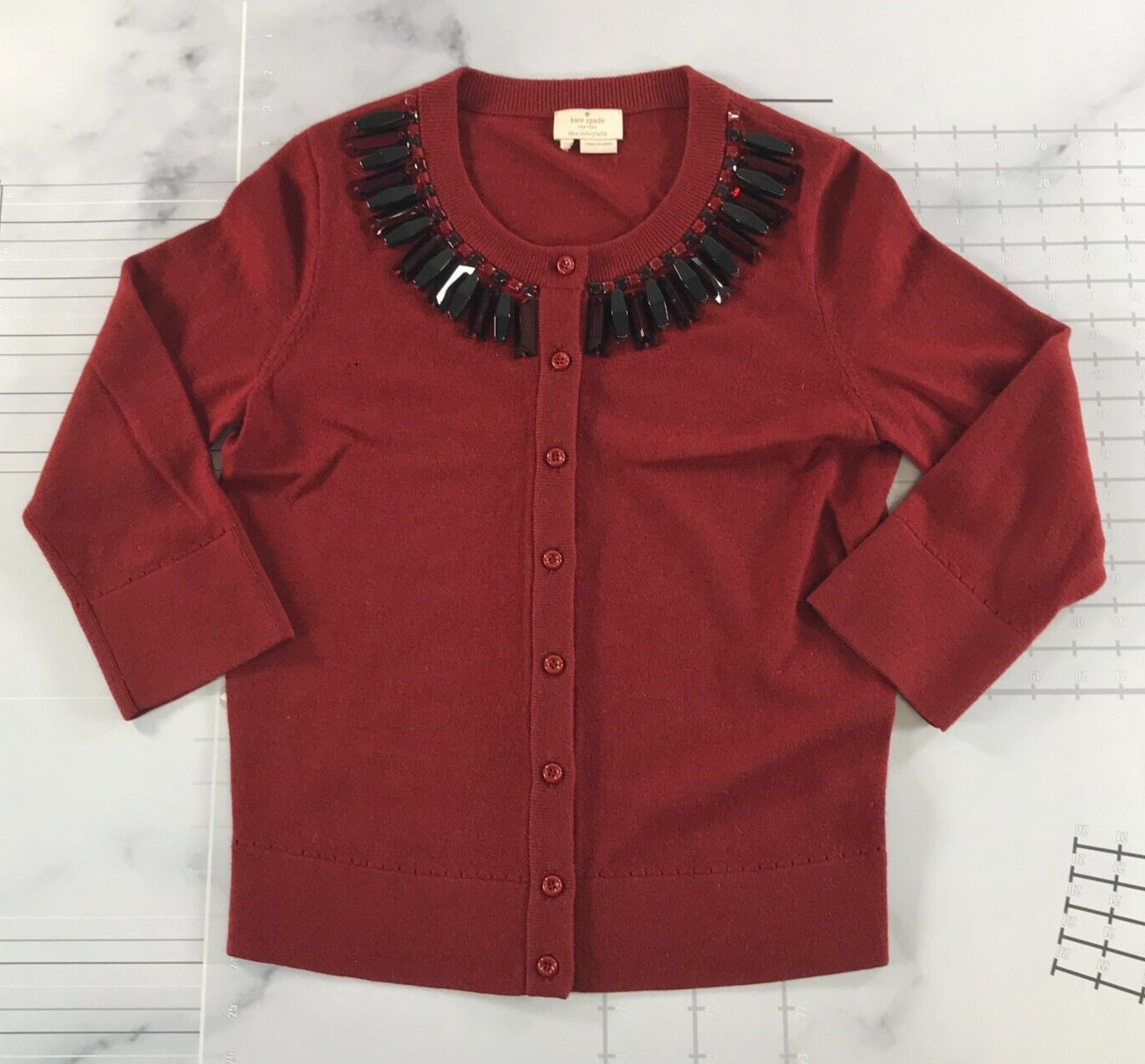 Kate Spade Sweater Womens Medium Red Button Front Beaded Neck