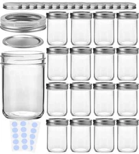 KAMOTA Mason Jars, 8 oz Glass Jars With Regular Lids and Bands,16 Pack