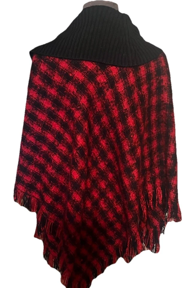 Talbots 女式 2X Poncho 红色/黑色格子黑色圆领下摆条纹 — 第 2/4 张图片