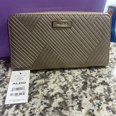 ALDO Gold Geometric Zip-Around Wallet, Zipper & Logo Accents, Credit Card Slots