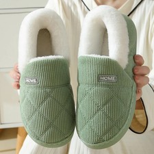 Women Plush Lining Slippers Corduroy Indoor Bedroom Slides Memory Foam F